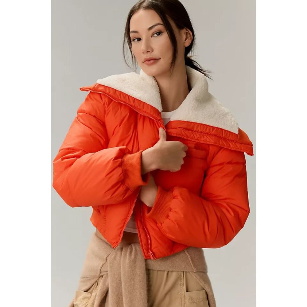 Anthropologie Bright Orange Puffer with Soft Cream Collar